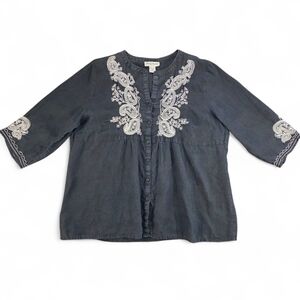 Marisa Christina 1X 100% Linen Embroidered Boho Peasant Tunic Top Dark Grey